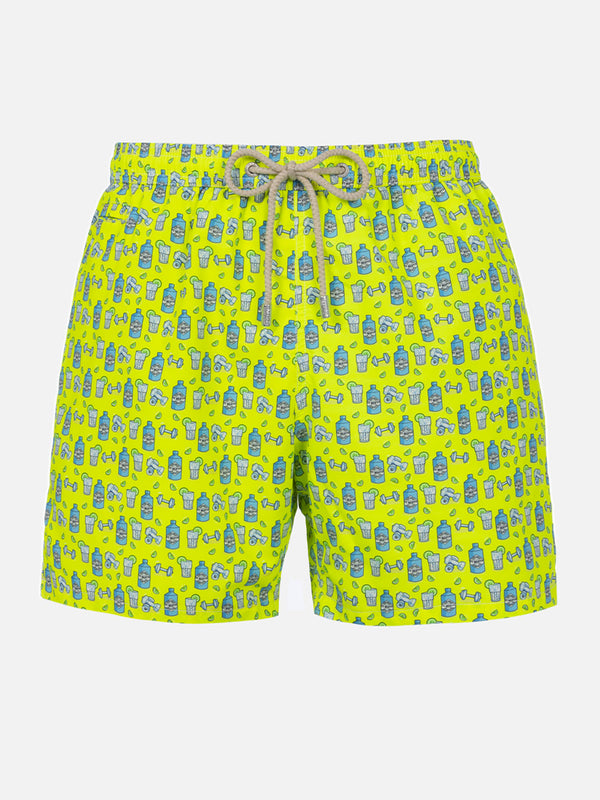 Man lightweight fabric swim-shorts Lighting Micro Fantasy with gym and gin print