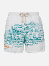 Man mid-length Gustavia swim-shorts with Cannes placed print