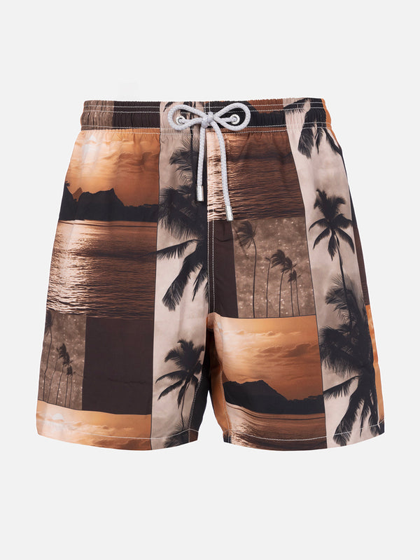 Man mid-length Gustavia swim-shorts with photo sunset print  |  AI CO-CREATED DESIGN BY RICKDICK - POWERED BY RED-EYE
