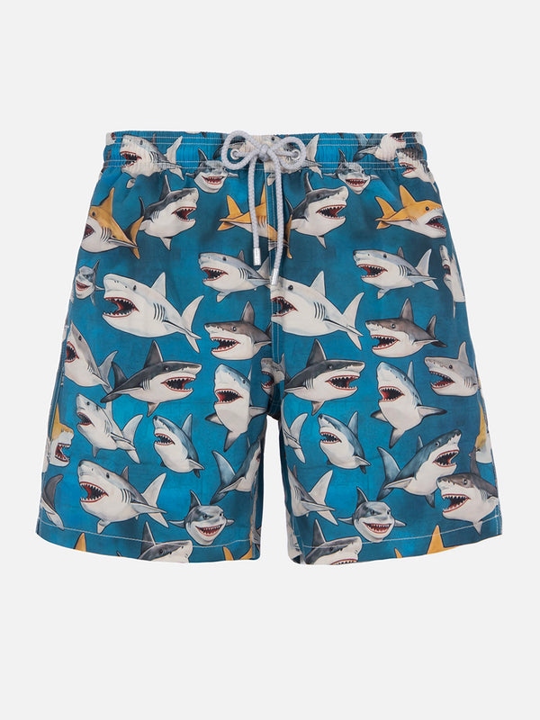 Man mid-length Gustavia swim-shorts with shark print  | AI CO-CREATED DESIGN BY RICKDICK - POWERED BY RED-EYE