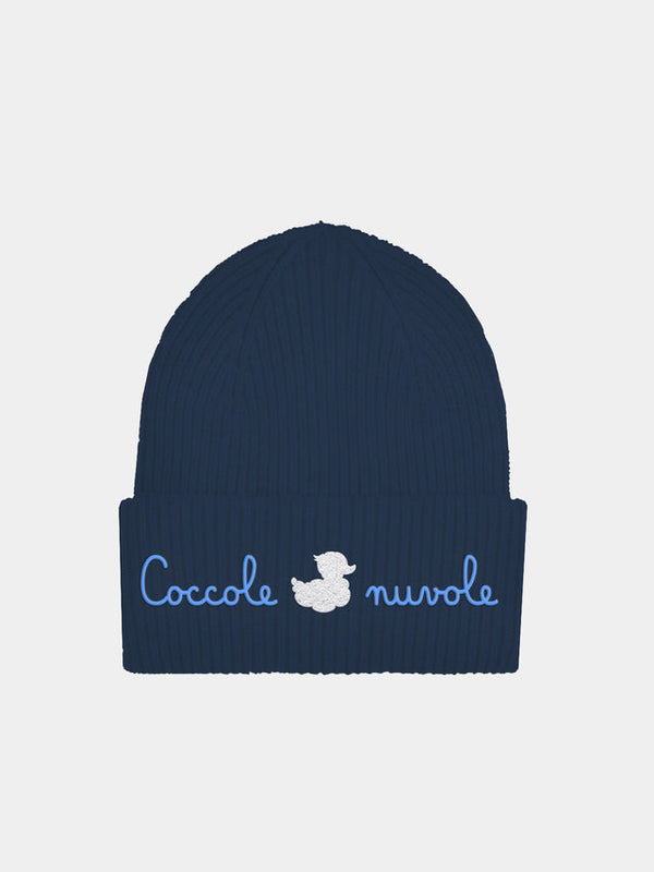 Kid blue ribbed beanie with Coccole nuvole embroidery | COCCOLEBIMBI SPECIAL EDITION