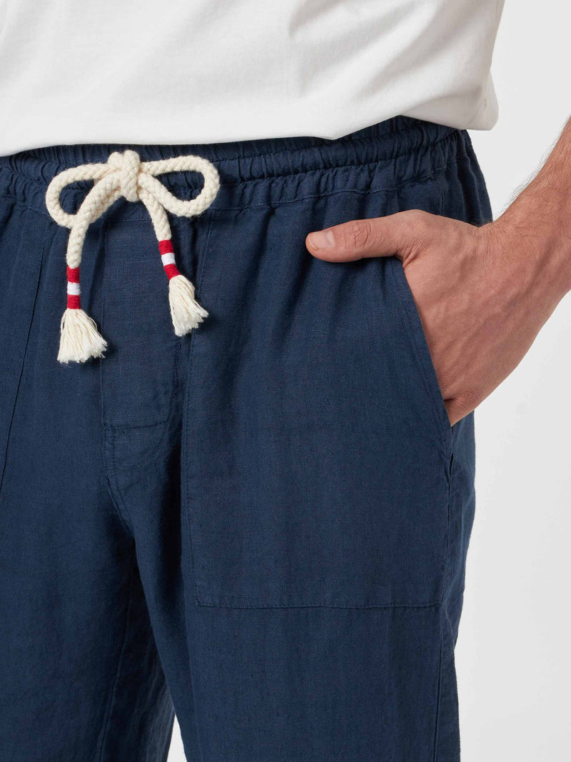 Man navy blue linen Calais pants with drawstring