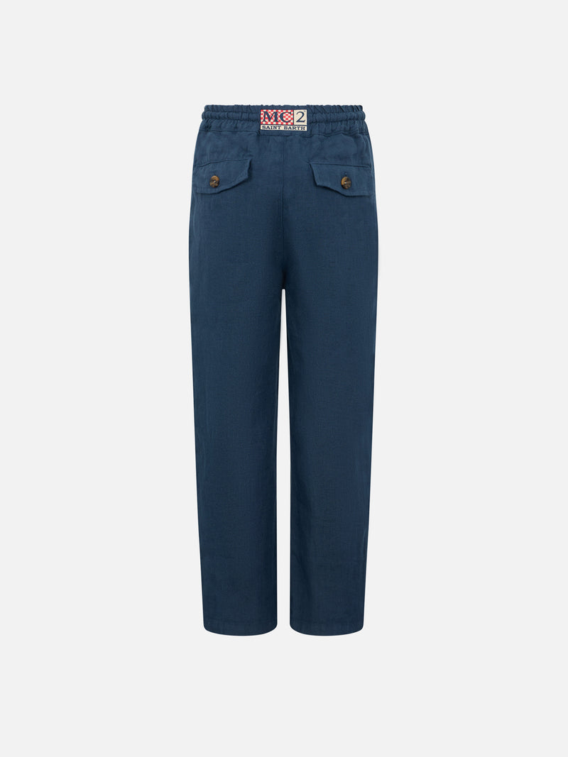 Boy navy blue linen Calais Jr pants with drawstring