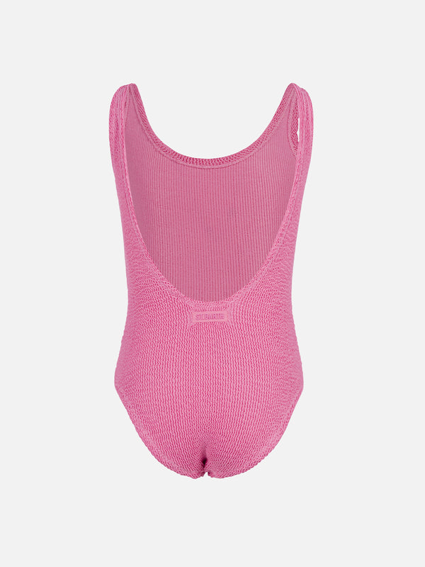 Girl pink crinkle one piece swimsuit Cara