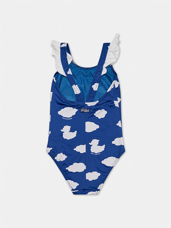 Girl ruffled one piece swimsuit with clouds print and embroidery | COCCOLEBIMBI SPECIAL EDITION