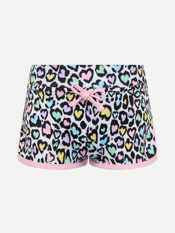 Girl beach shorts Coco with hearted animalier print