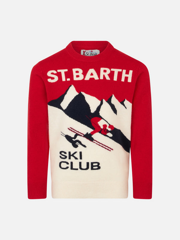 Boy crewneck sweater with St. Barth Ski Club postacard jacquard print