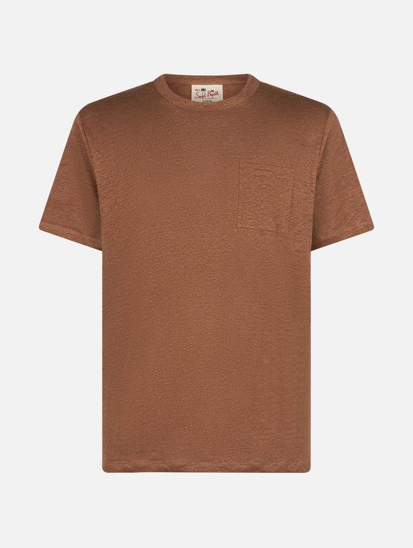 Man brown linen jersey t-shirt Ecstasea with pocket