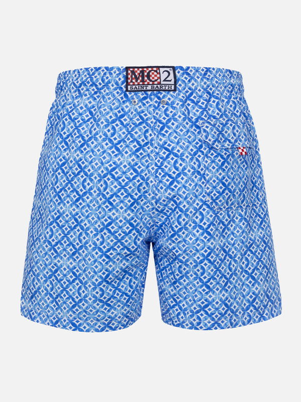 Man mid-length Gustavia swim-shorts with geometric majolica print