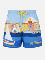 Man mid-length Gustavia swim-shorts with St. Tropez placed print