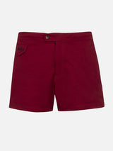 Man burgundy fitted cut swim shorts Harrys