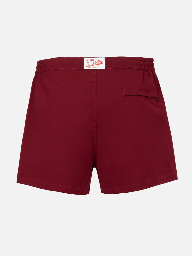 Man burgundy fitted cut swim shorts Harrys