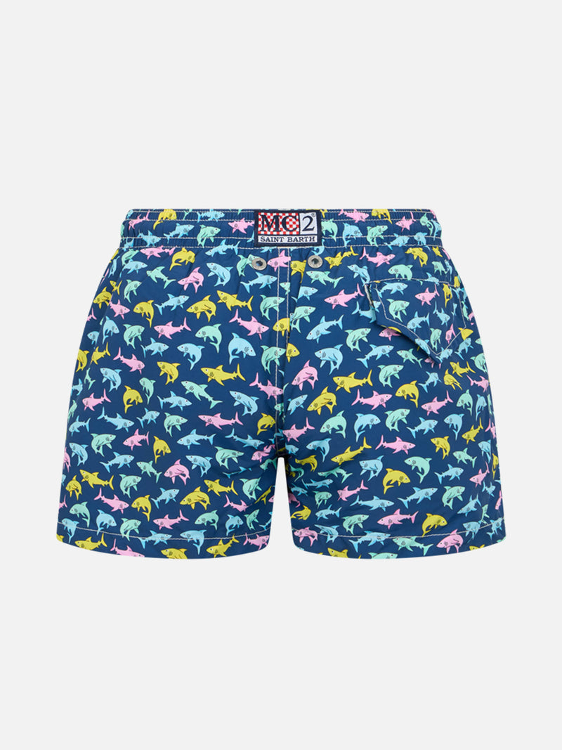 Boy lightweight fabric swim-shorts Jean Lighting with sharks print