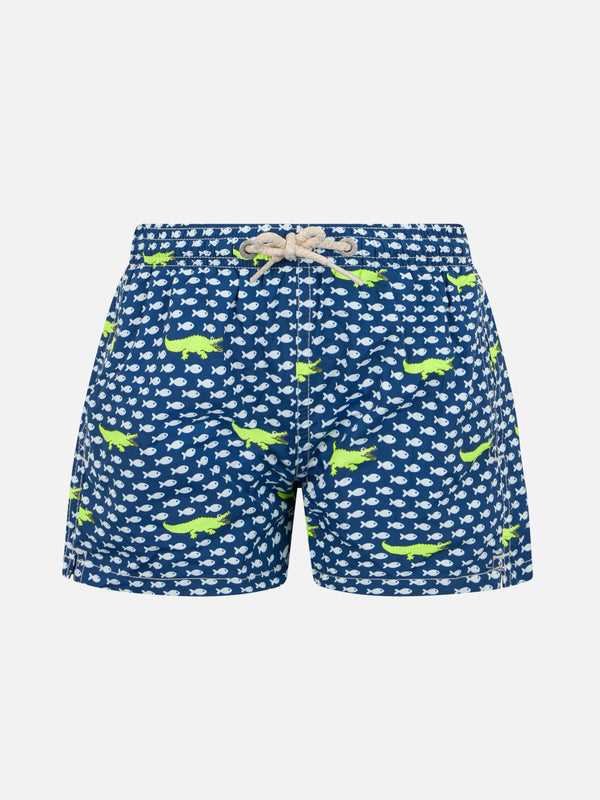 Boy lightweight fabric swim-shorts Jean Lighting with crocodile print