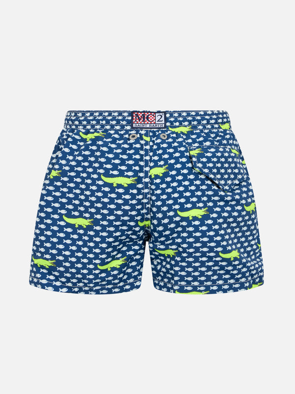 Boy lightweight fabric swim-shorts Jean Lighting with crocodile print