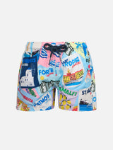 Boy lightweight fabric swim-shorts Jean Lighting with postcard print