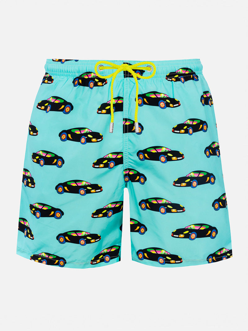Man lightweight fabric swim-shorts Lighting with Lodola car print |MARCO LODOLA SPECIAL EDITION