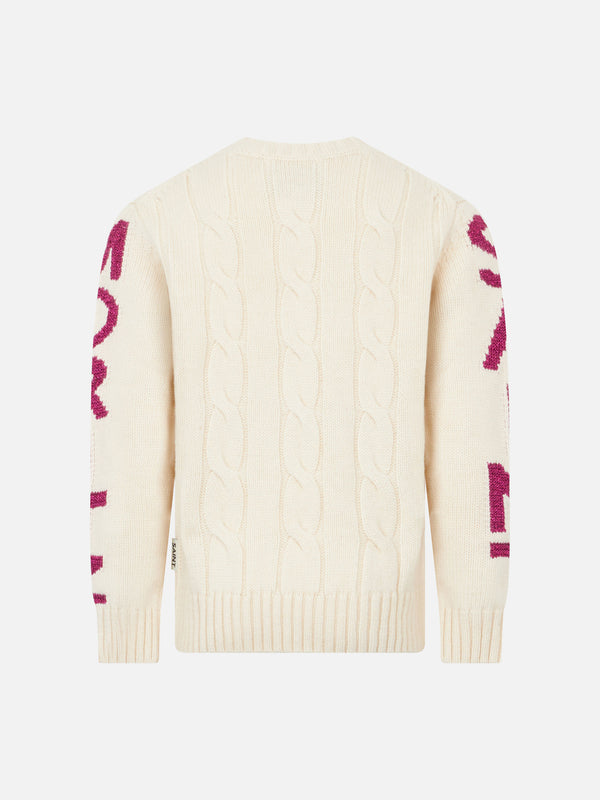 Girl crewneck braided sweater with Saint Moritz lurex print