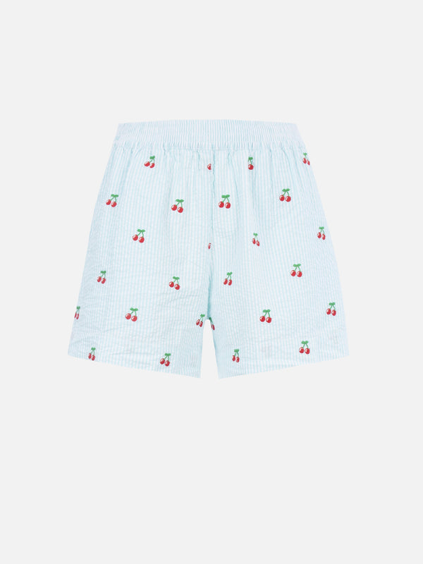 Woman seersucker striped pull up shorts Meave with cherry patches