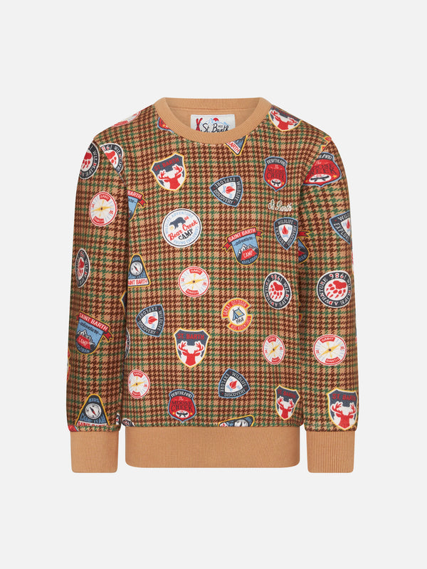 Boy crewneck sweatshirt with patches and pied de poule print