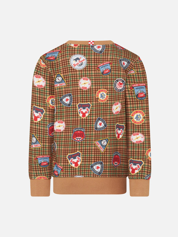 Boy crewneck sweatshirt with patches and pied de poule print