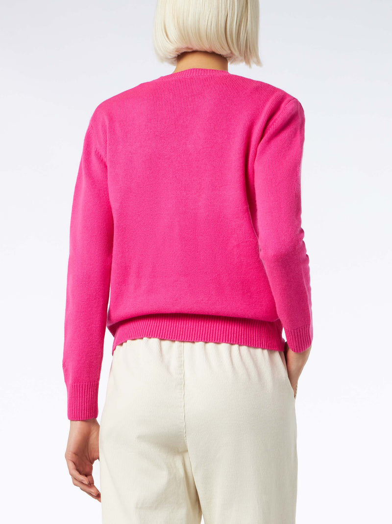 Woman crewneck fluo pink sweater with Non Sarà un'Avventura embroidery | NIKI DJ SPECIAL EDITION