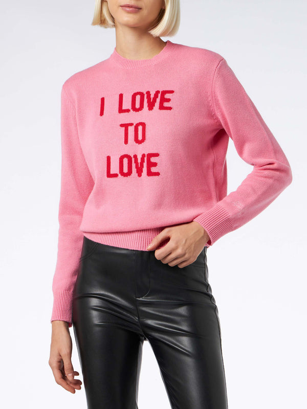 Woman crewneck pink sweater I love to Love print | NIKI DJ SPECIAL EDITION