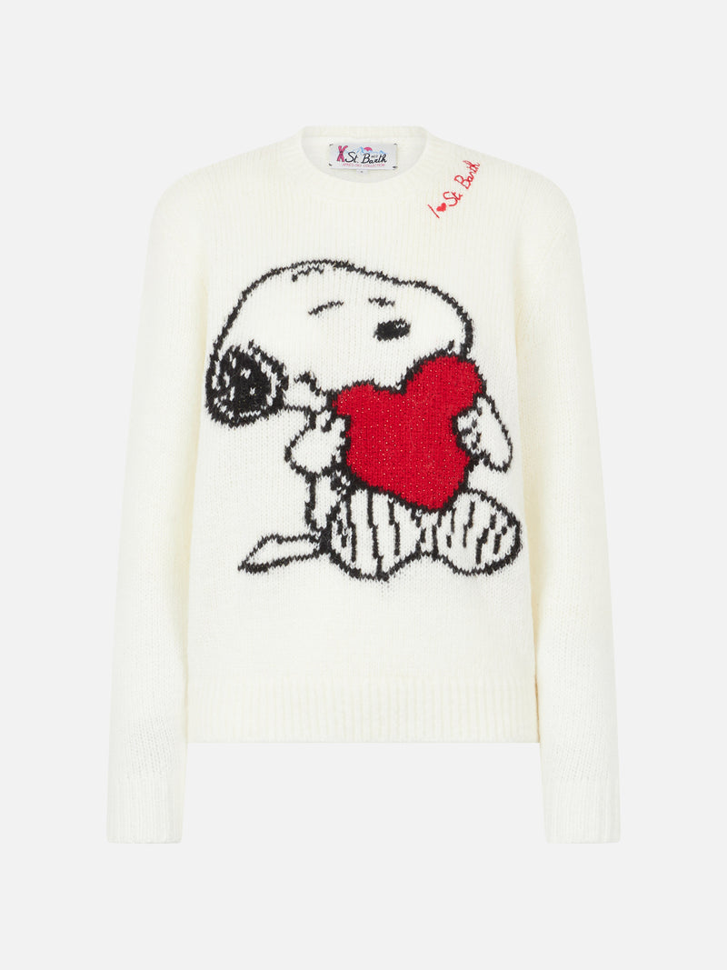 Woman crewneck black sweater with Snoopy and Woodstock print ad rhinestones heart | SNOOPY PEANUTS™ SPECIAL EDITION