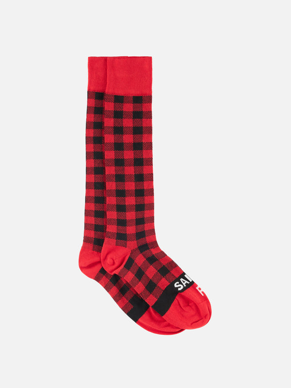 Man long socks with red and black check pattern