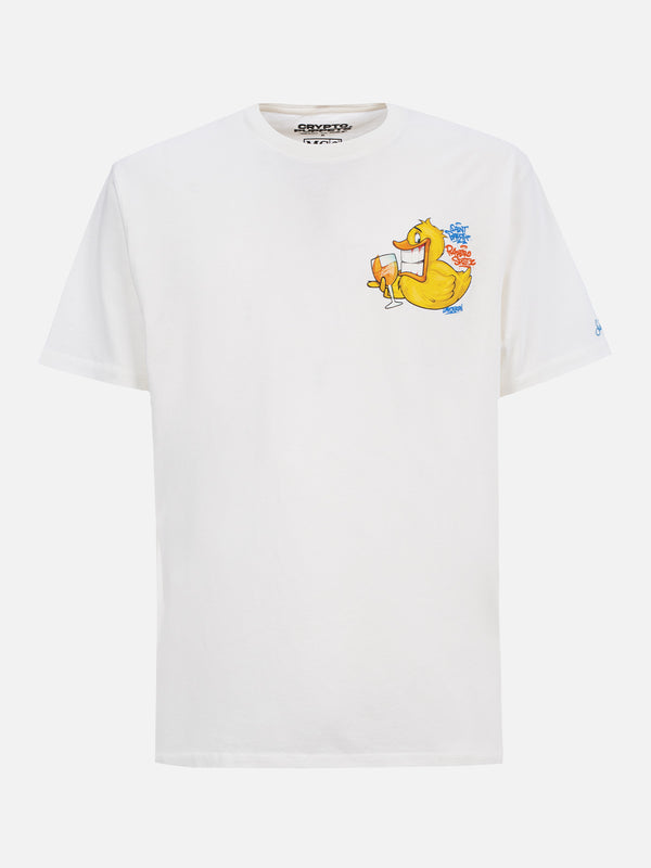 Man cotton t-shirt with Cryptopuppets Ducky Aperitif front and back placed print | CRYPTOPUPPETS SPECIAL EDITION