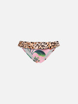 Baby beach briefs with leopard print flounce and tropical pattern