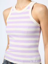 Woman rib-knit lilac and off-white striped cotton tank top