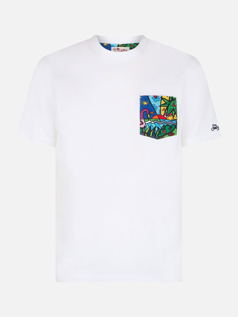 Man cotton t-shirt Blanche with Britto printed pocket | ©BRITTO SPECIAL EDITION