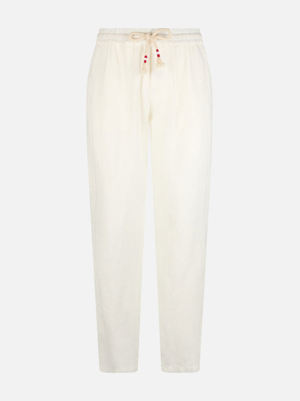 Man white linen Calais pants with drawstring