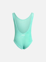 Girl sage green crinkle one piece swimsuit Cara