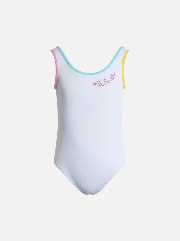 Girl white ribbed one piece swimsuit Cara with embroidery