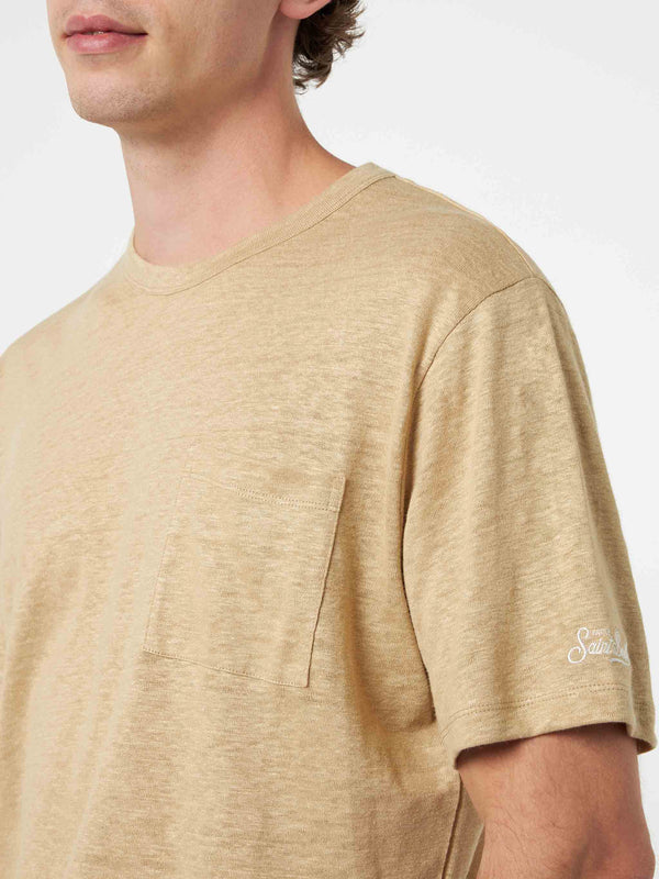 Man beige linen jersey t-shirt Ecstasea with pocket