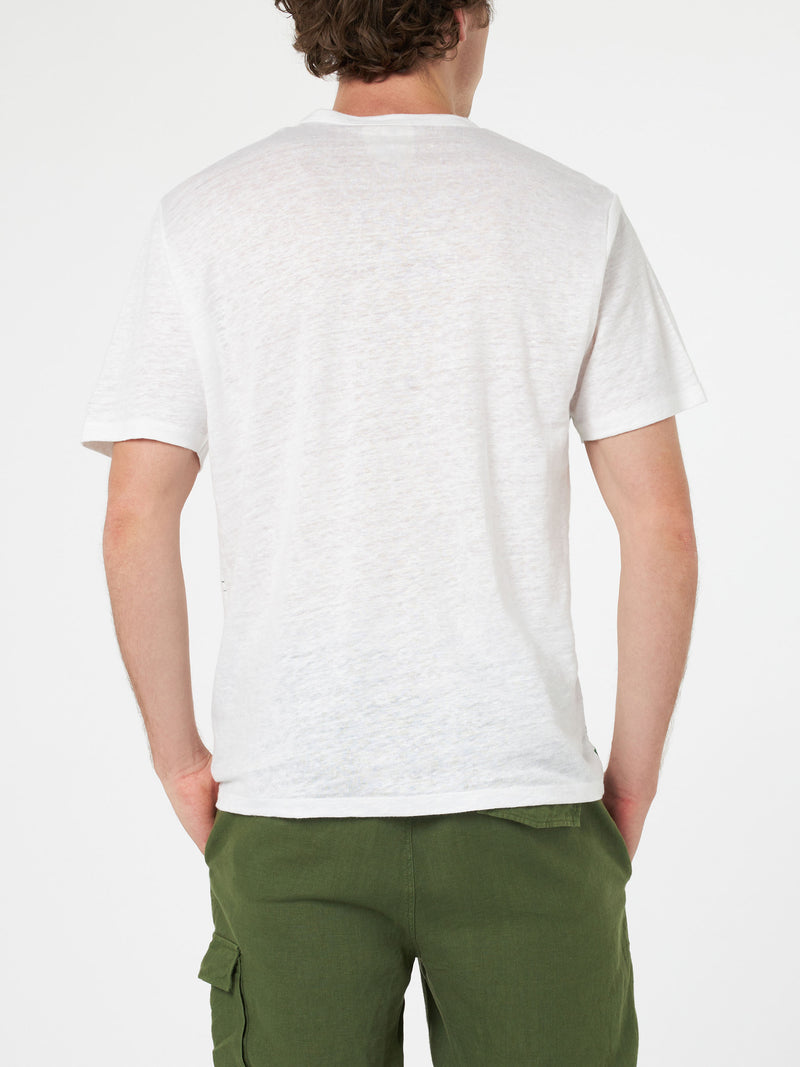 Man linen jersey t-shirt Ecstasea with Capri placed print and embroidered pocket
