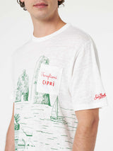Man linen jersey t-shirt Ecstasea with Capri placed print and embroidered pocket