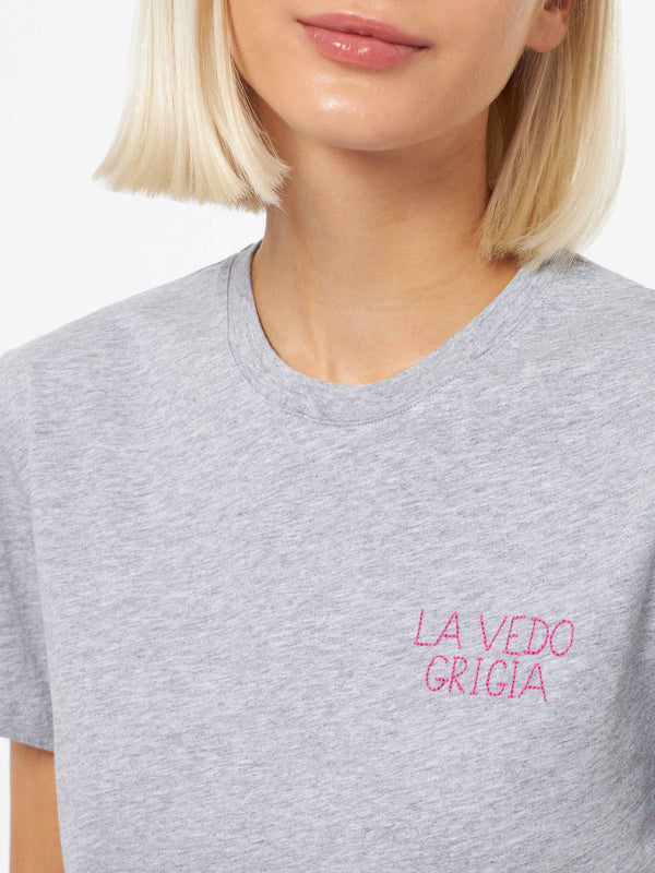 Woman cotton jersey crewneck t-shirt Emilie with La Vedo Grigia embroidery