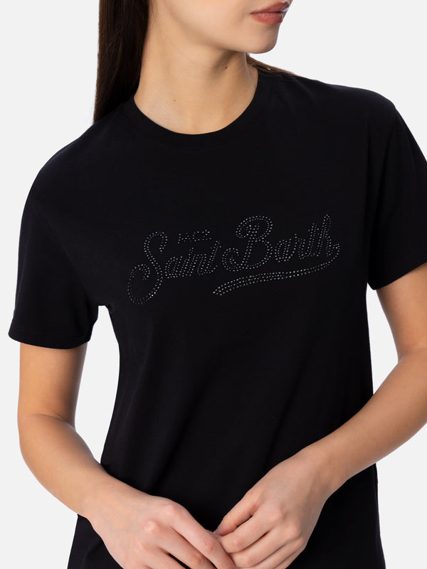 Woman cotton jersey crewneck t-shirt Emilie with Saint Barth rhinestones embroidery