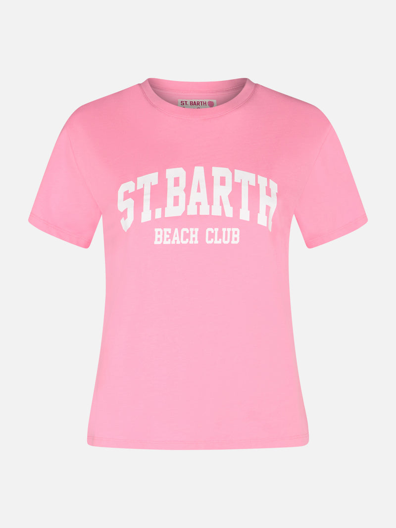 Woman cotton jersey crewneck t-shirt Emilie with Saint Barth Beach Club print