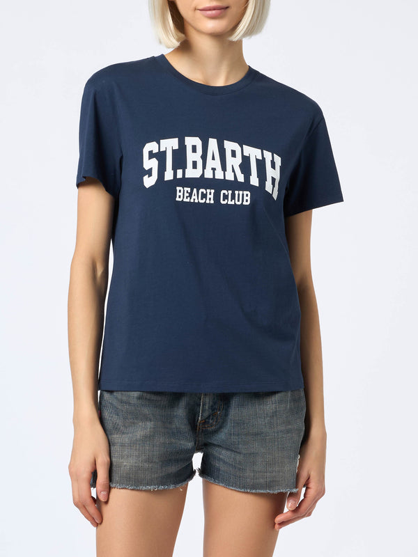 Woman cotton jersey crewneck t-shirt Emilie with Saint Barth Beach Club print