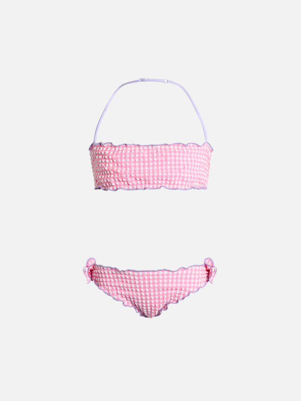 Bikini classico a fascia da bambina Emy in seersucker con stampa a quadretti