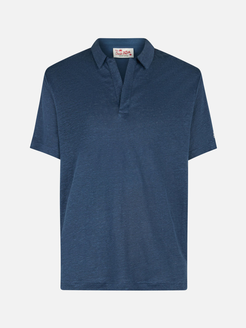 Man navy blue linen polo shirt Fraser