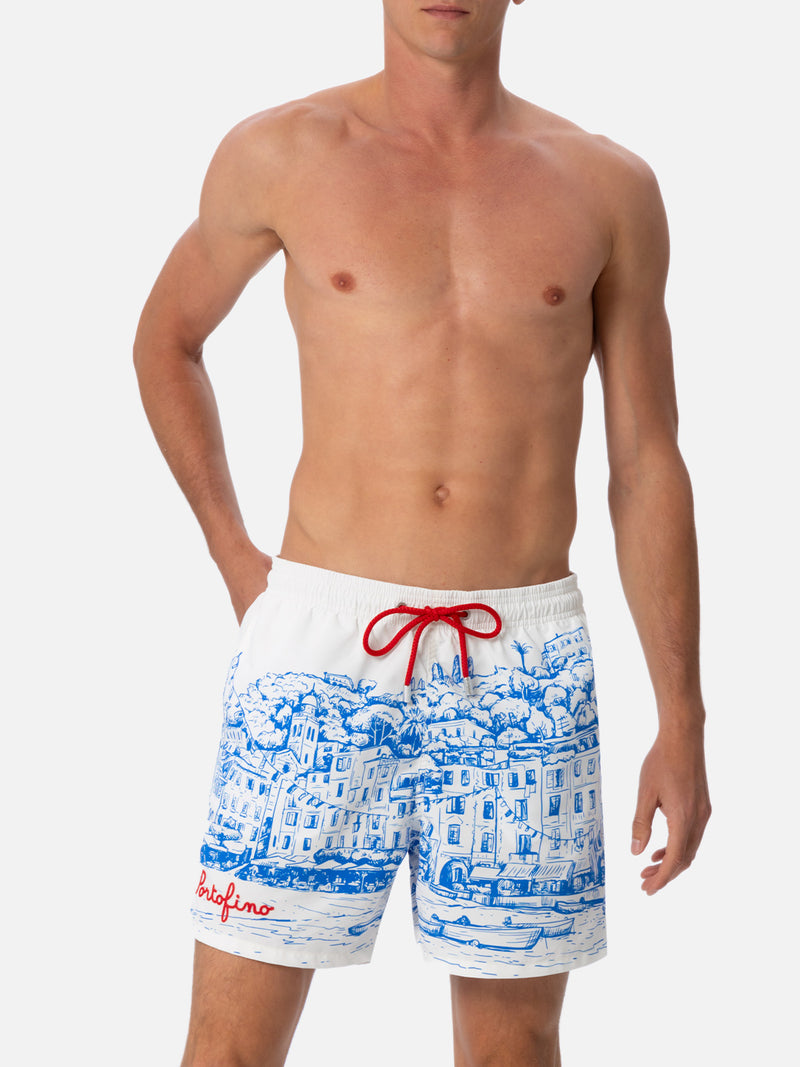 Man mid-length Gustavia swim-shorts with Portofino placed print