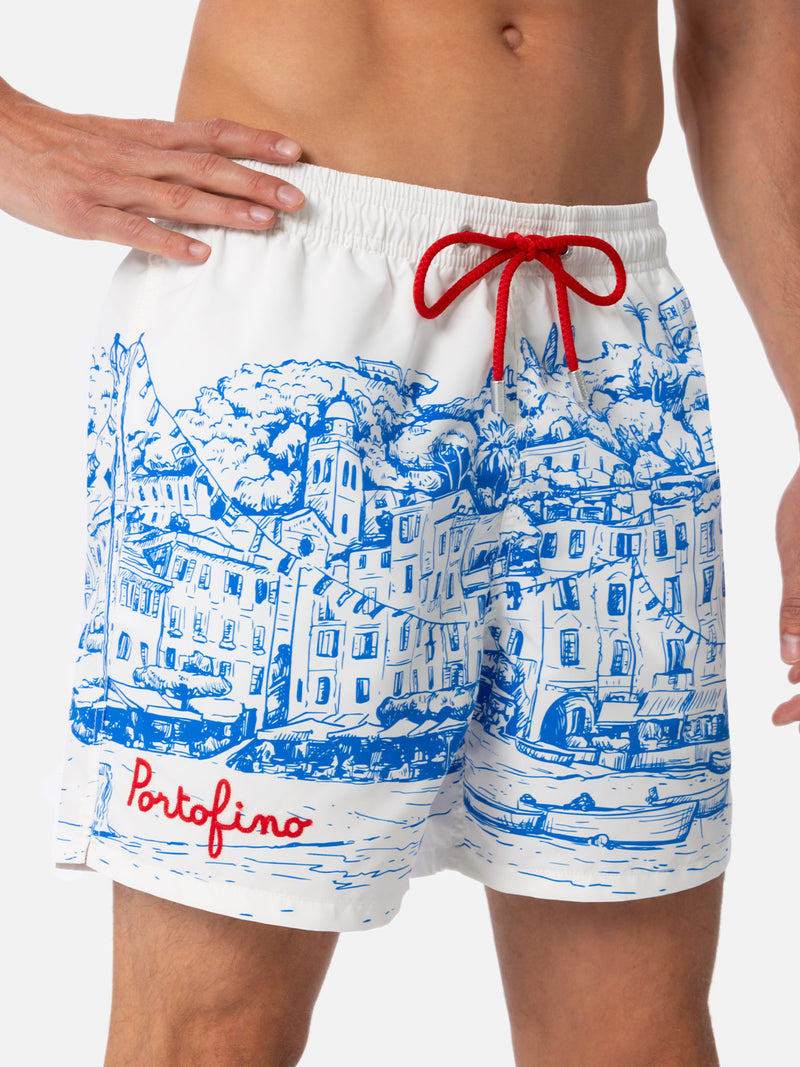 Man mid-length Gustavia swim-shorts with Portofino placed print