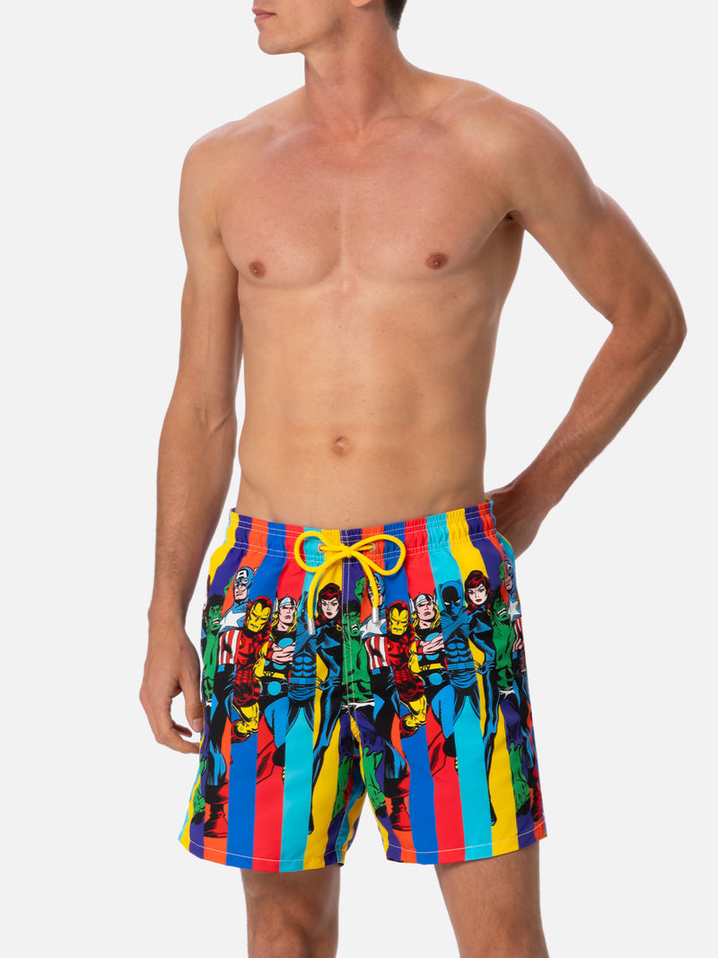 Man mid-length Gustavia swim-shorts with Marvel characters placed print| MARVEL SPECIAL EDITION