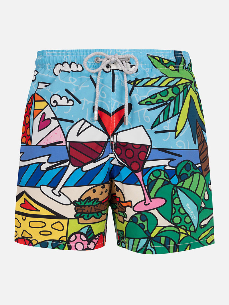 Man mid-length Gustavia swim-shorts with Britto design placed print  | ©BRITTO SPECIAL EDITION