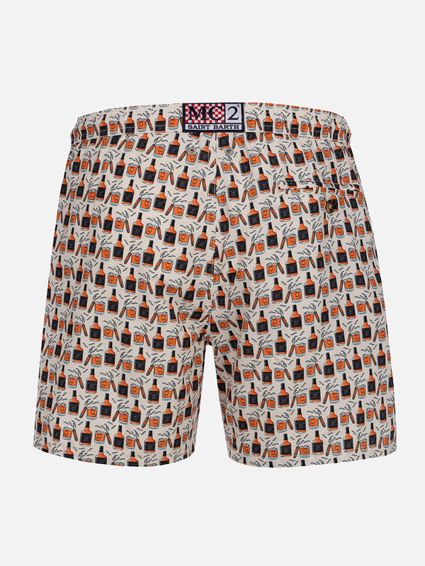 Man lightweight fabric swim-shorts Lighting Micro Fantasy with whisky and cigars print